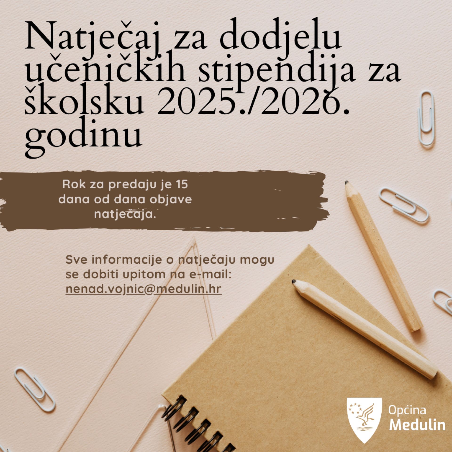 Općina Medulin raspisuje natječaj za dodjelu učeničkih stipendija za školsku 2025./2026. godinu